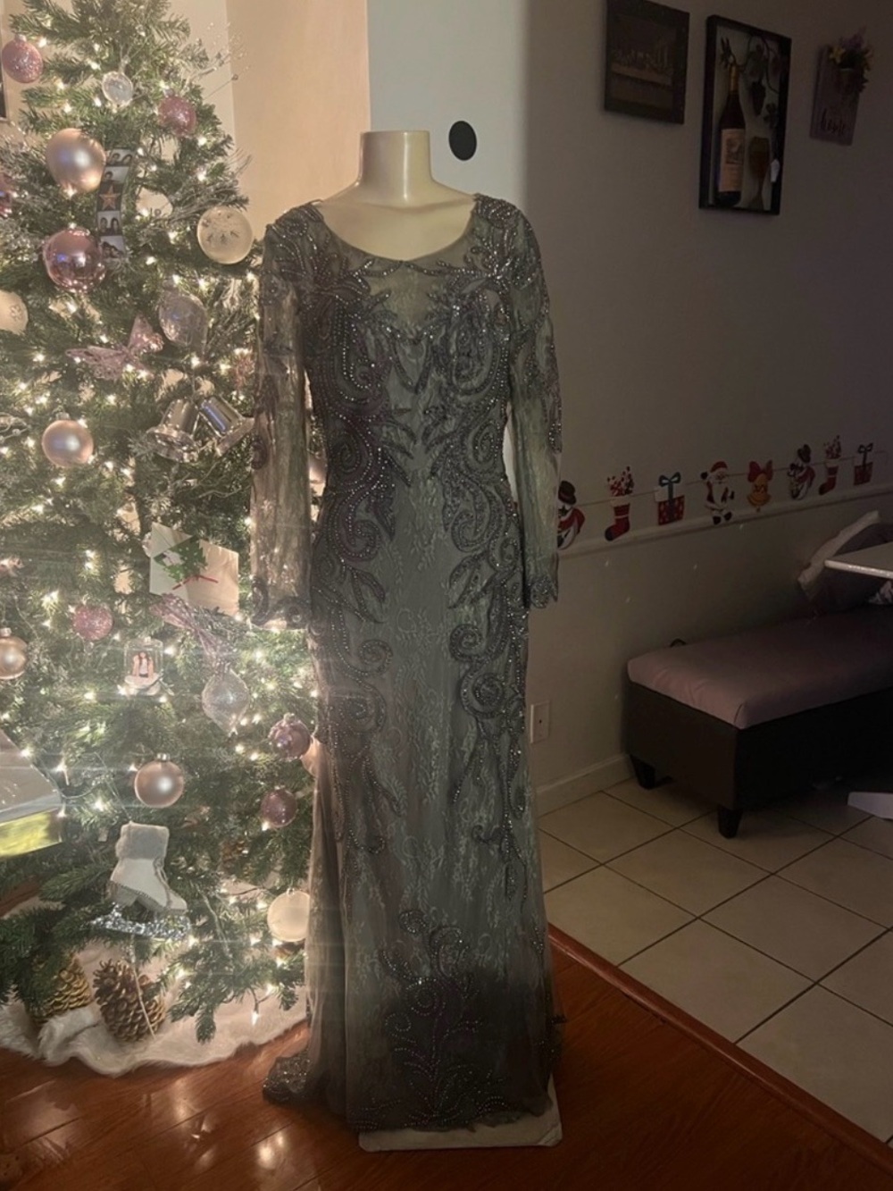 Cecilia Couture Beaded Evening Gown - Metallic Gray